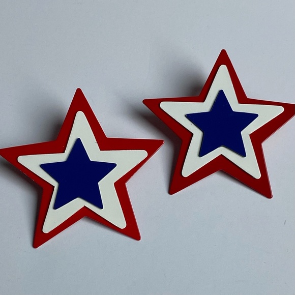 Star Earrings Patriotic Metal Red White & Blue 2” Across 4th Of July Jewelry - Picture 1 of 11